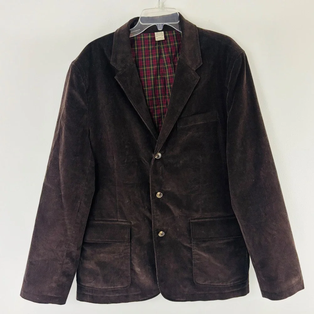 Vintage L.L. Bean Corduroy Sport Coat Jacket Mens 46 Reg Large Plaid Lining 90s